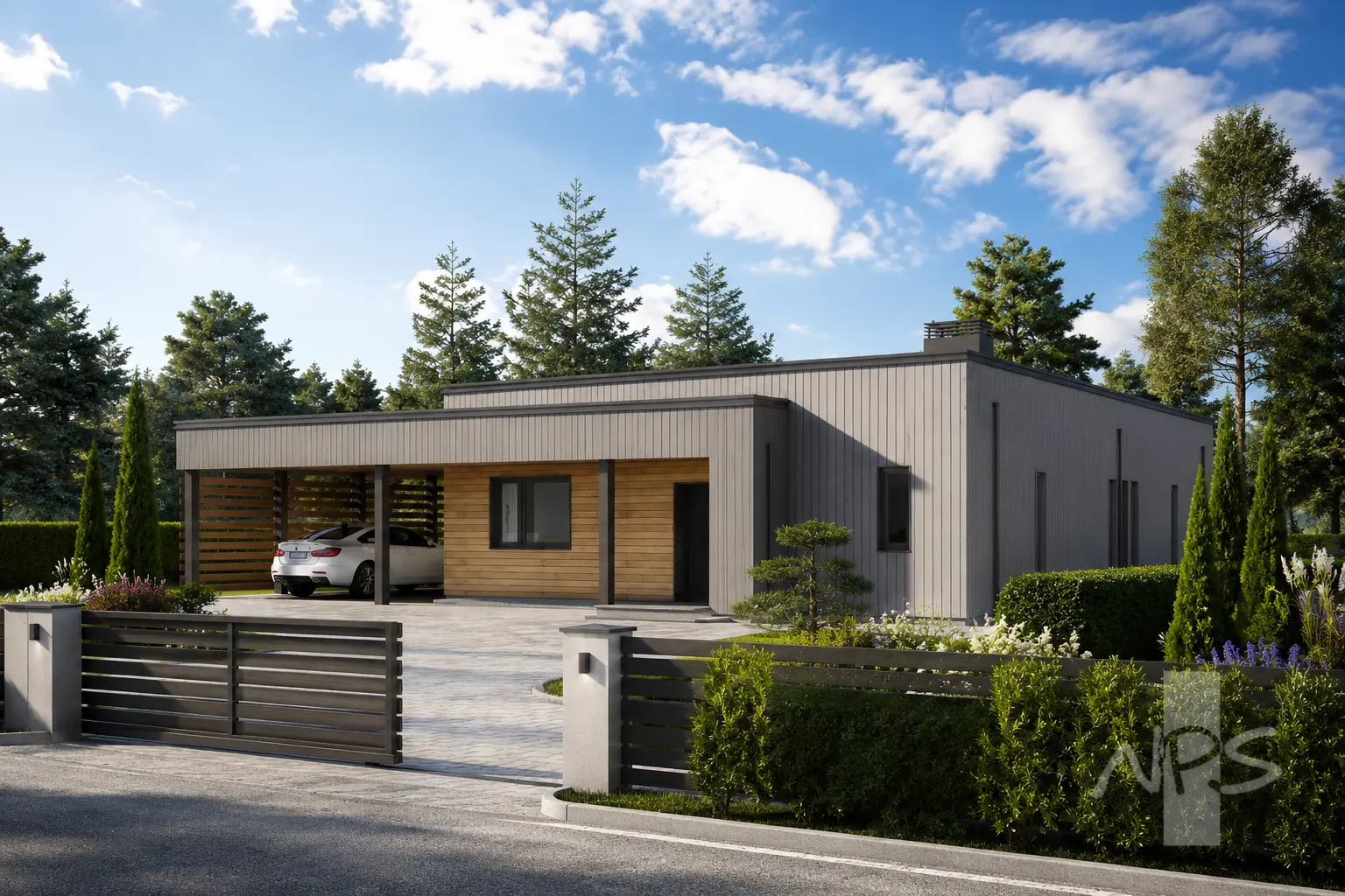 Vienstāva mājas projekts 129 m²: 3 Guļamistabas, 2 Vannasistabas, Atvērta virtuve, Garāža