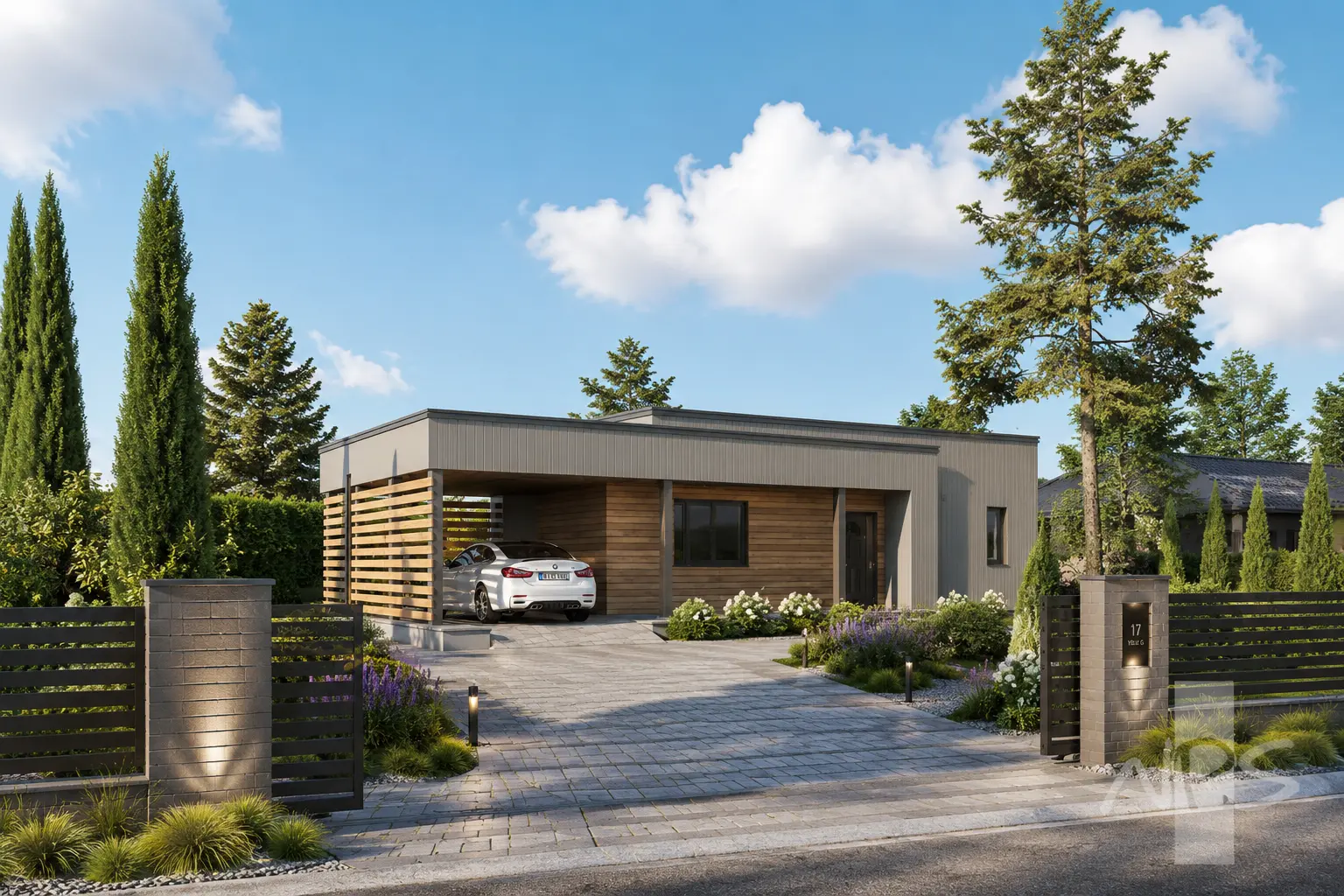 Vienstāva mājas projekts 129 m²: 3 Guļamistabas, 2 Vannasistabas, Atvērta virtuve, Garāža