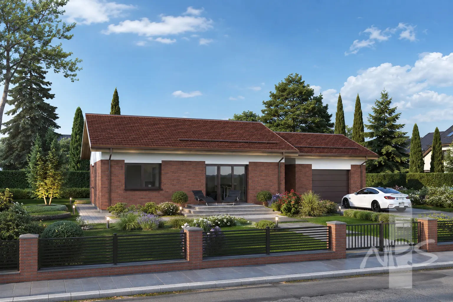 Vienstāva mājas projekts 118 m²: 3 Guļamistabas, 1 Vannasistabas, Atvērta virtuve, Garāža