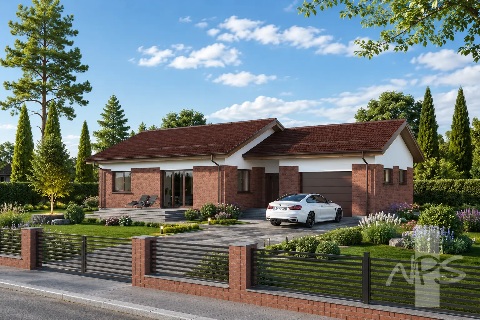 Vienstāva mājas projekts 118 m²: 3 Guļamistabas, 1 Vannasistabas, Atvērta virtuve, Garāža