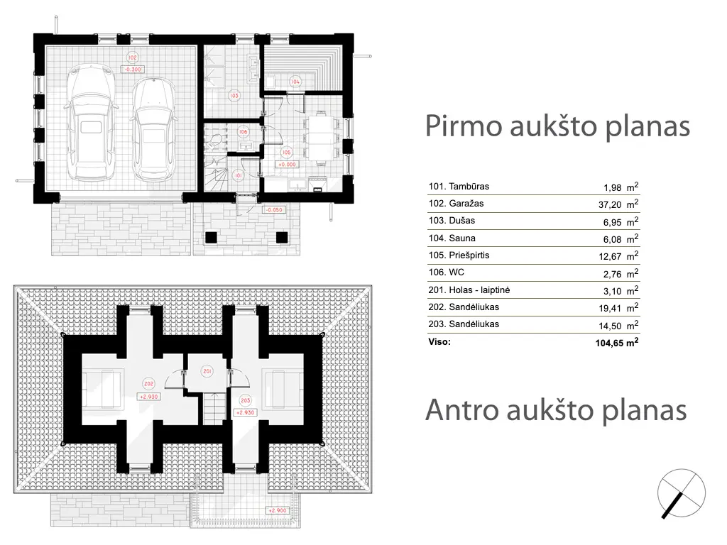 Divstāvu mājas projekts 233 m²: 3 Guļamistabas, Darba istaba, 3 Vannasistabas, Atvērta virtuve, Garāža
