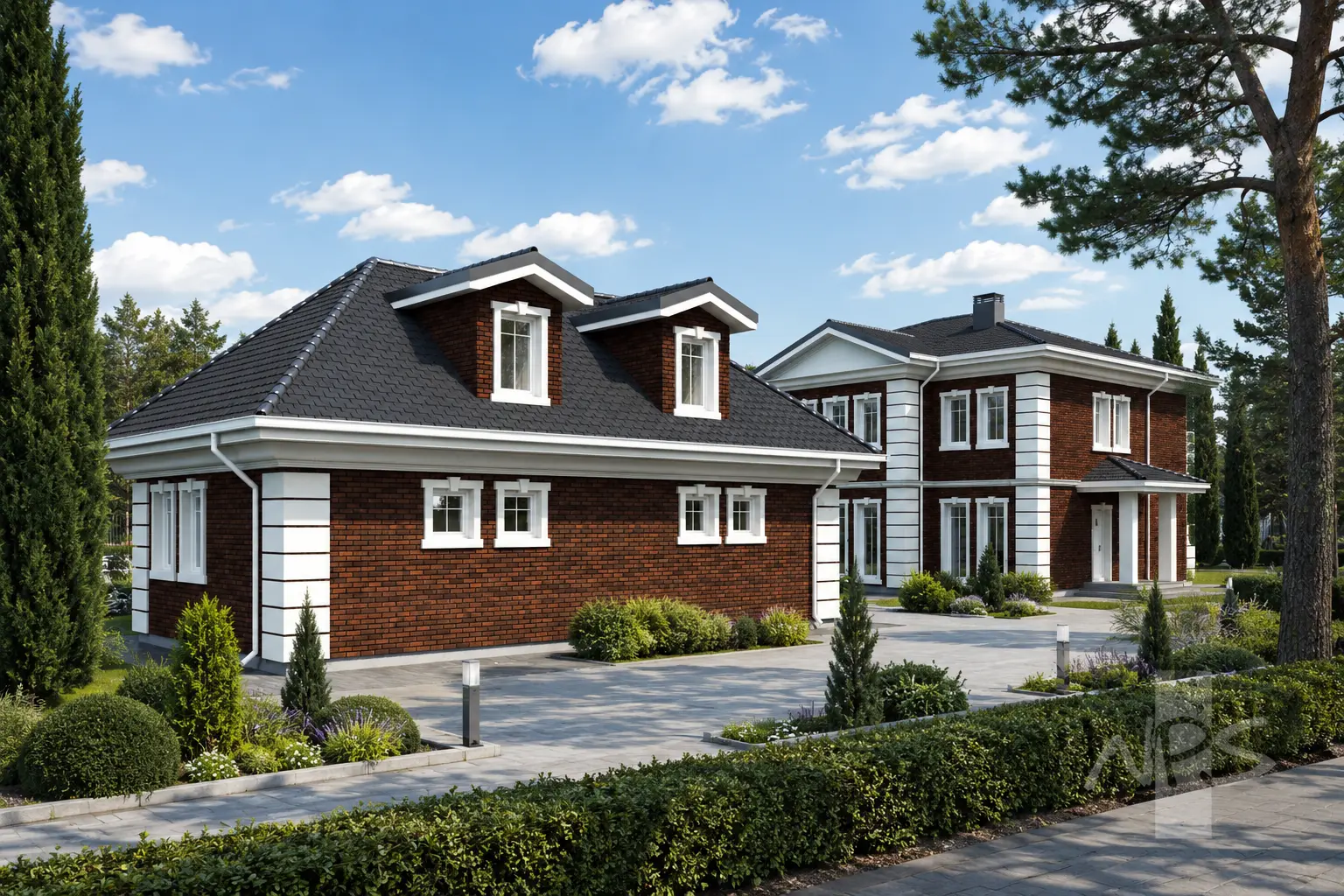 Divstāvu mājas projekts 233 m²: 3 Guļamistabas, Darba istaba, 3 Vannasistabas, Atvērta virtuve, Garāža