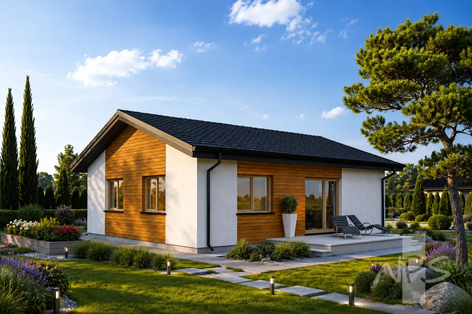 Vienstāva mājas projekts 79 m²: 2 Guļamistabas, 1 Vannasistabas, Atvērta virtuve, bez Garāžas