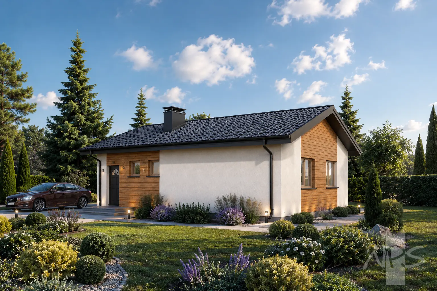 Vienstāva mājas projekts 79 m²: 2 Guļamistabas, 1 Vannasistabas, Atvērta virtuve, bez Garāžas
