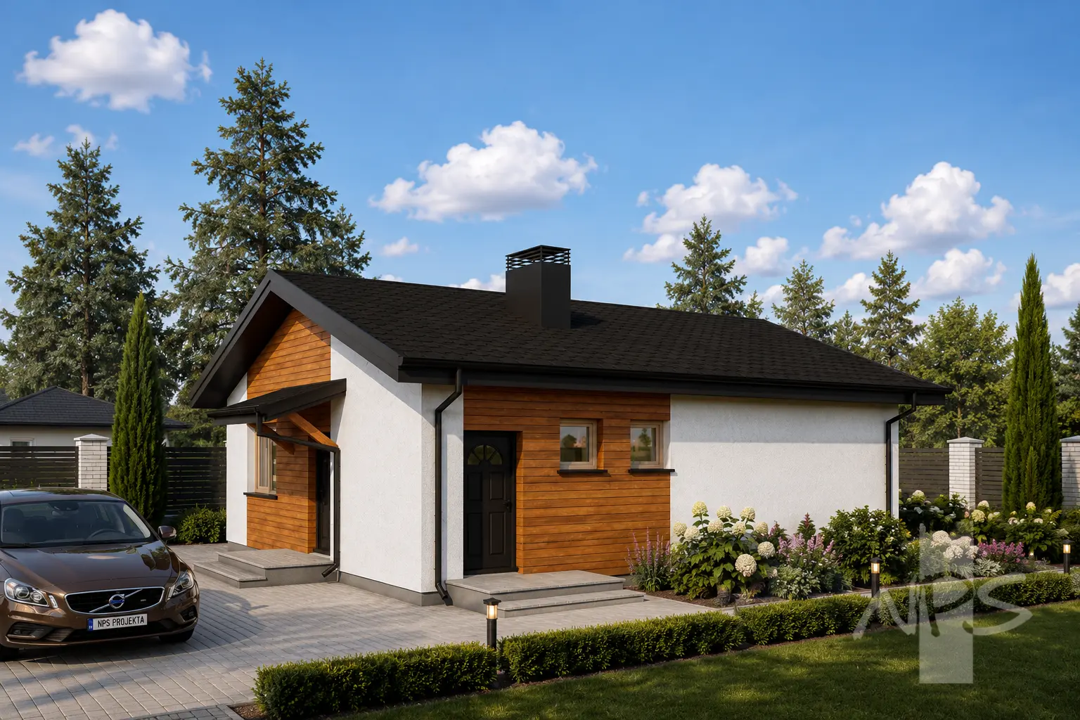 Vienstāva mājas projekts 79 m²: 2 Guļamistabas, 1 Vannasistabas, Atvērta virtuve, bez Garāžas