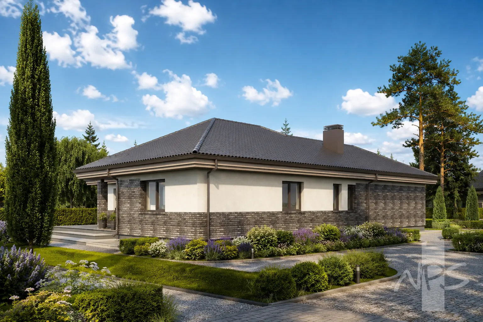 Vienstāva mājas projekts 171 m²: 3 Guļamistabas, 1 Vannasistabas, Atvērta virtuve, Garāža