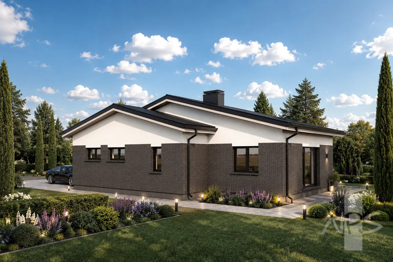 Vienstāva mājas projekts 121 m²: 2 Guļamistabas, Darba istaba, 1 Vannasistabas, Atvērta virtuve, Garāža