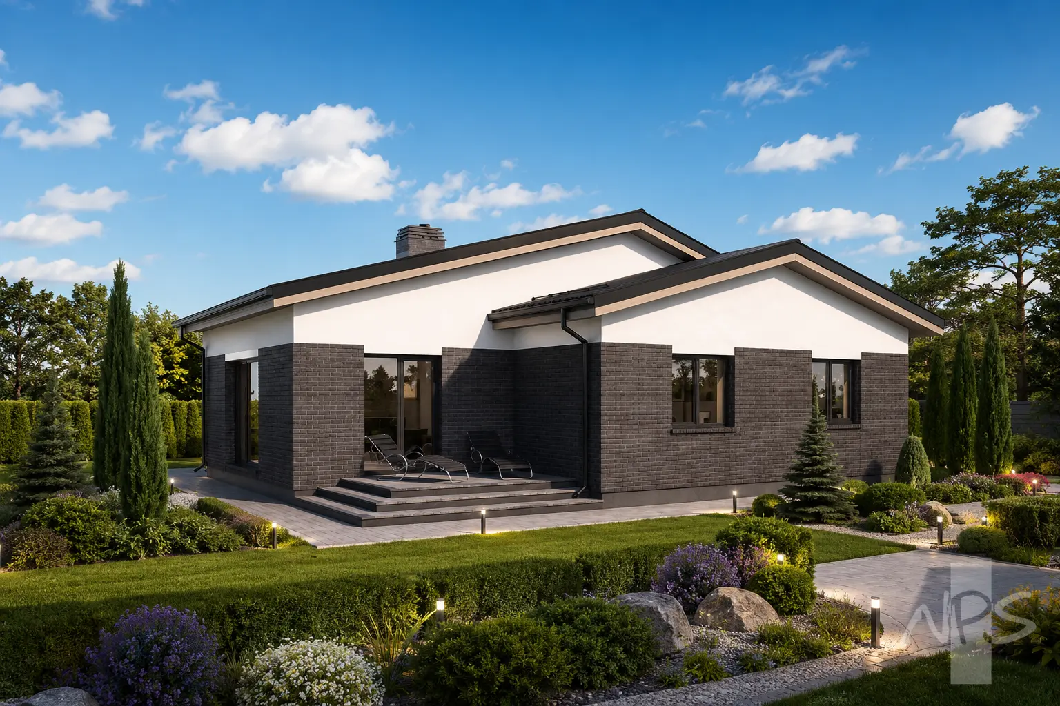 Vienstāva mājas projekts 121 m²: 2 Guļamistabas, Darba istaba, 1 Vannasistabas, Atvērta virtuve, Garāža