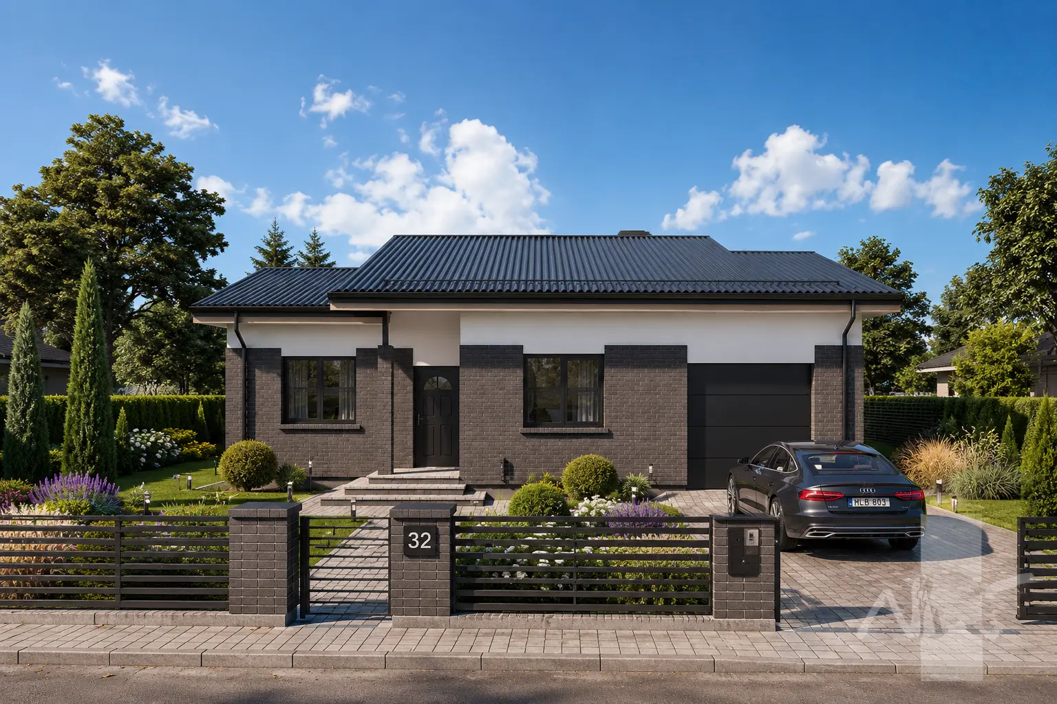Vienstāva mājas projekts 121 m²: 2 Guļamistabas, Darba istaba, 1 Vannasistabas, Atvērta virtuve, Garāža