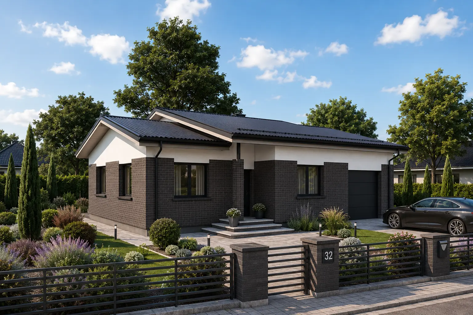 Vienstāva mājas projekts 121 m²: 2 Guļamistabas, Darba istaba, 1 Vannasistabas, Atvērta virtuve, Garāža