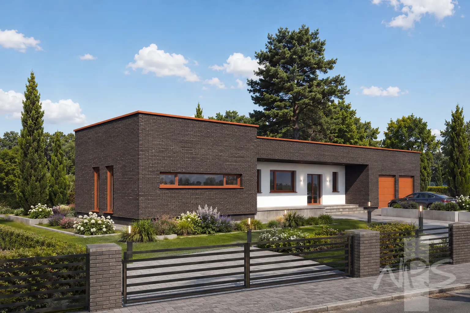 Vienstāva mājas projekts 194 m²: 3 Guļamistabas, Darba istaba, 2 Vannasistabas, Atvērta virtuve, Garāža
