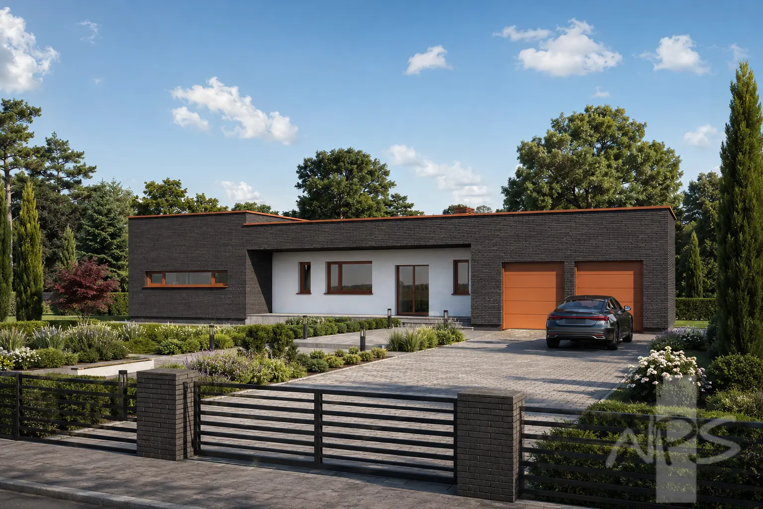 Vienstāva mājas projekts 194 m²: 3 Guļamistabas, Darba istaba, 2 Vannasistabas, Atvērta virtuve, Garāža