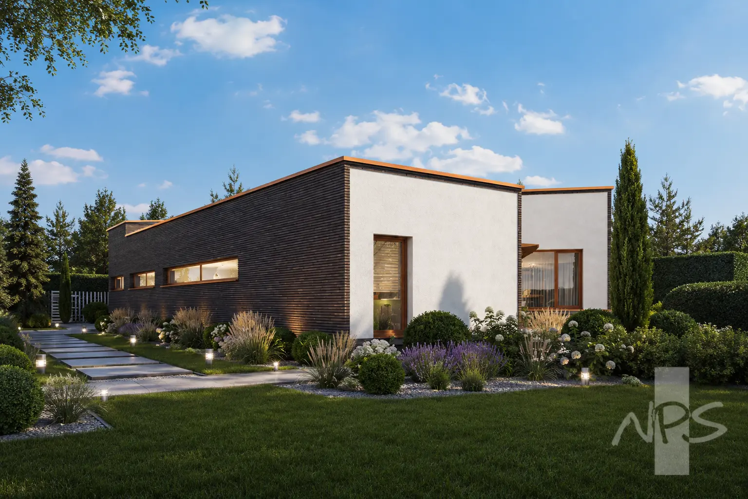 Vienstāva mājas projekts 194 m²: 3 Guļamistabas, Darba istaba, 2 Vannasistabas, Atvērta virtuve, Garāža