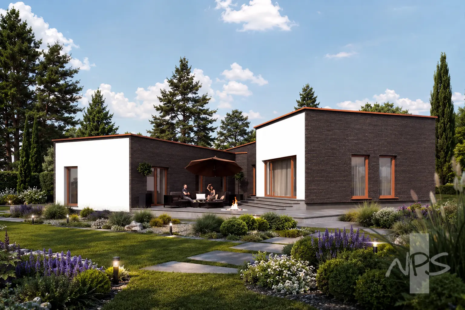 Vienstāva mājas projekts 194 m²: 3 Guļamistabas, Darba istaba, 2 Vannasistabas, Atvērta virtuve, Garāža