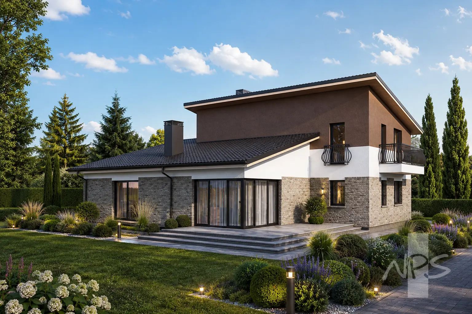 Vienstāva mājas projekts 190 m²: 4 Guļamistabas, Darba istaba, 3 Vannasistabas, bez Garāžas