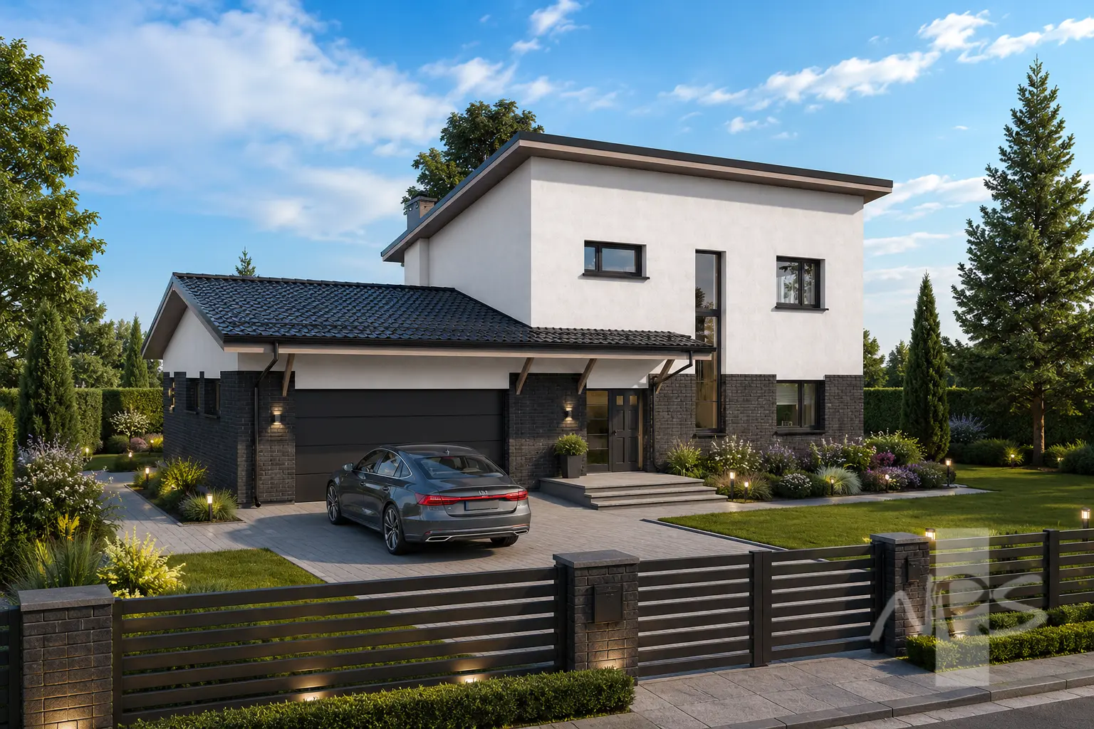 Divstāvu mājas projekts 180 m²: 3 Guļamistabas, Darba istaba, 2 Vannasistabas, Atvērta virtuve, Garāža