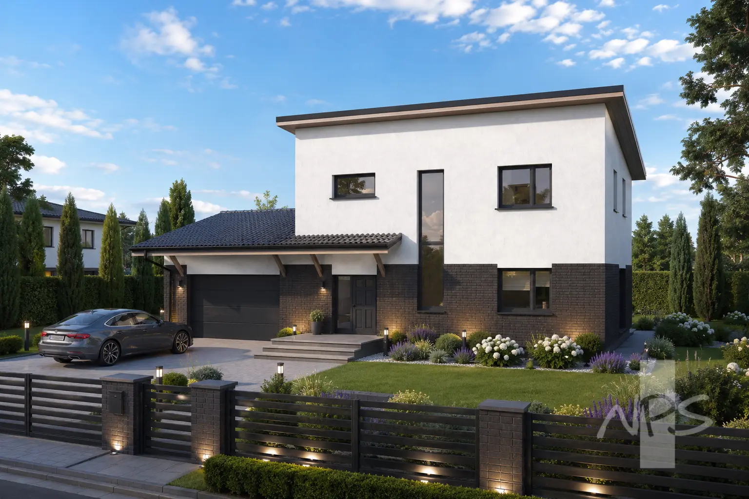 Divstāvu mājas projekts 180 m²: 3 Guļamistabas, Darba istaba, 2 Vannasistabas, Atvērta virtuve, Garāža