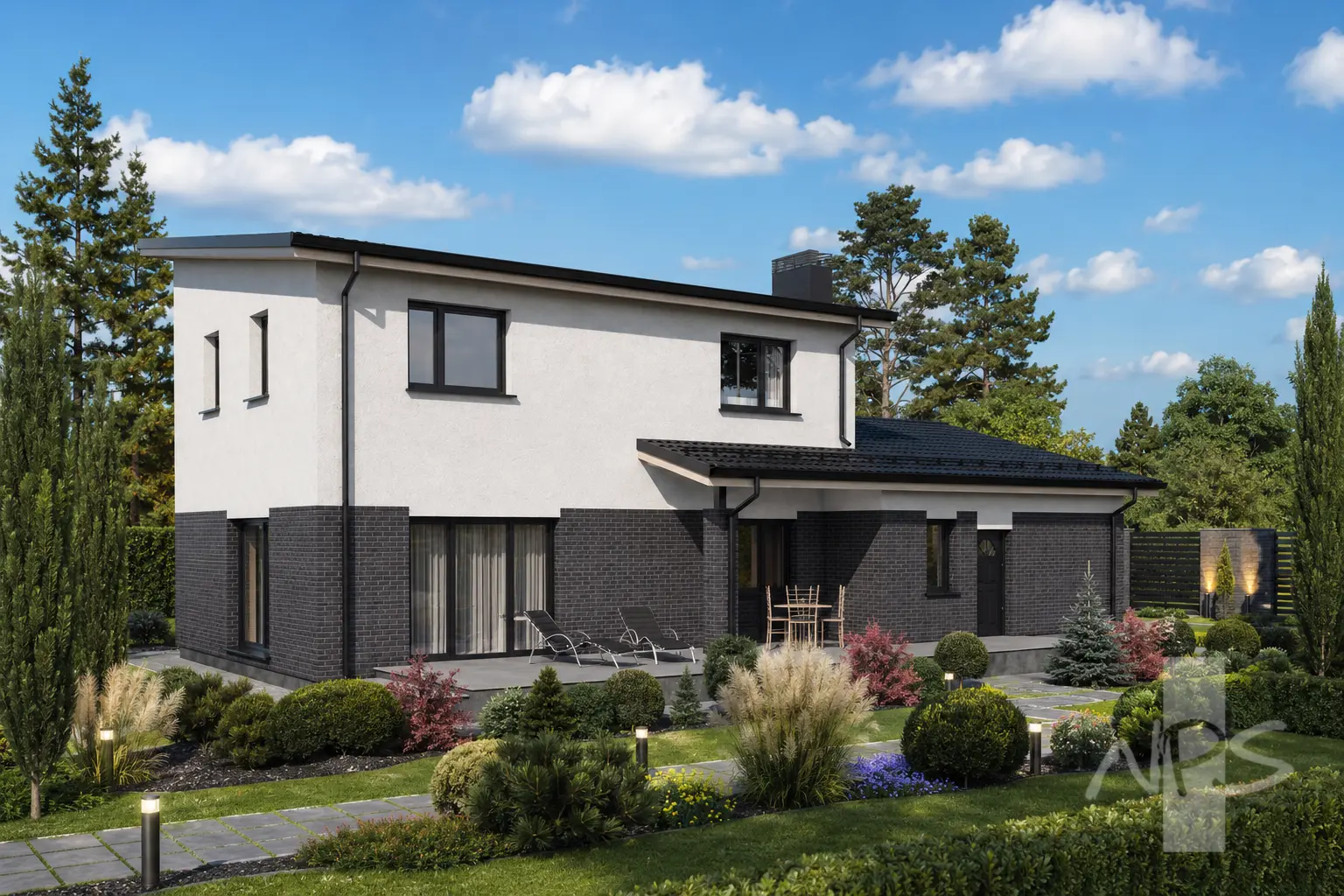 Divstāvu mājas projekts 180 m²: 3 Guļamistabas, Darba istaba, 2 Vannasistabas, Atvērta virtuve, Garāža