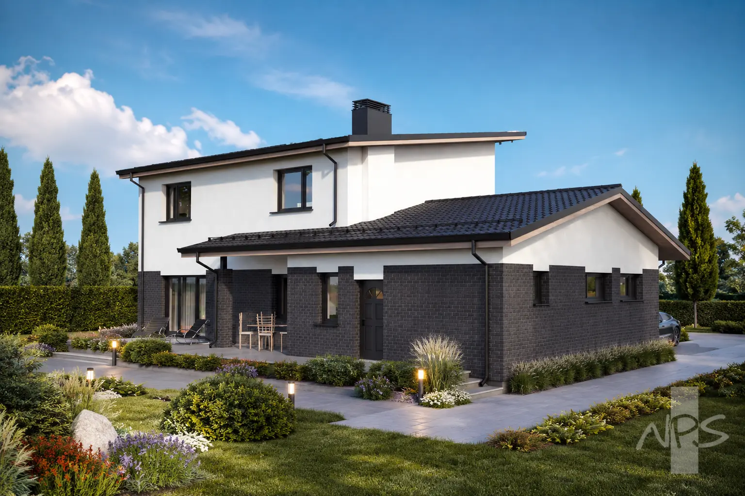 Divstāvu mājas projekts 180 m²: 3 Guļamistabas, Darba istaba, 2 Vannasistabas, Atvērta virtuve, Garāža