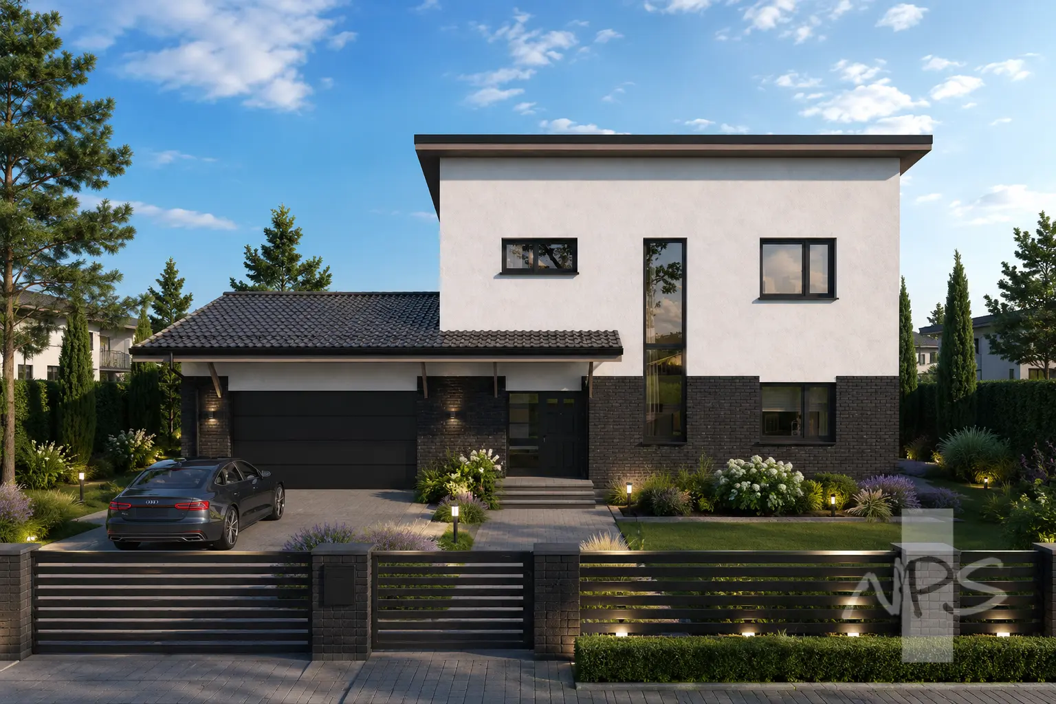 Divstāvu mājas projekts 180 m²: 3 Guļamistabas, Darba istaba, 2 Vannasistabas, Atvērta virtuve, Garāža
