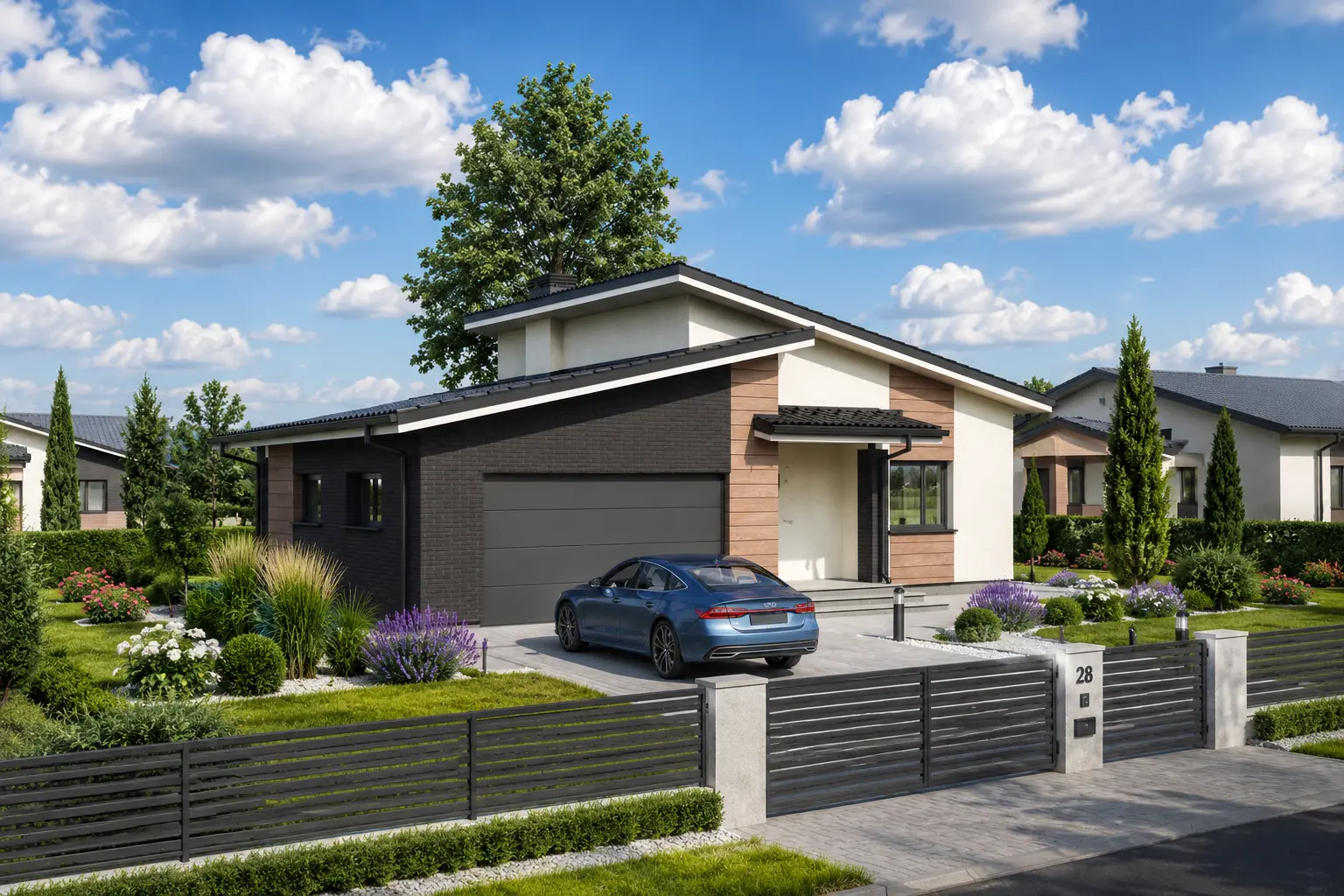 Vienstāva mājas projekts 161 m²: 3 Guļamistabas, 1 Vannasistabas, Atvērta virtuve, Garāža