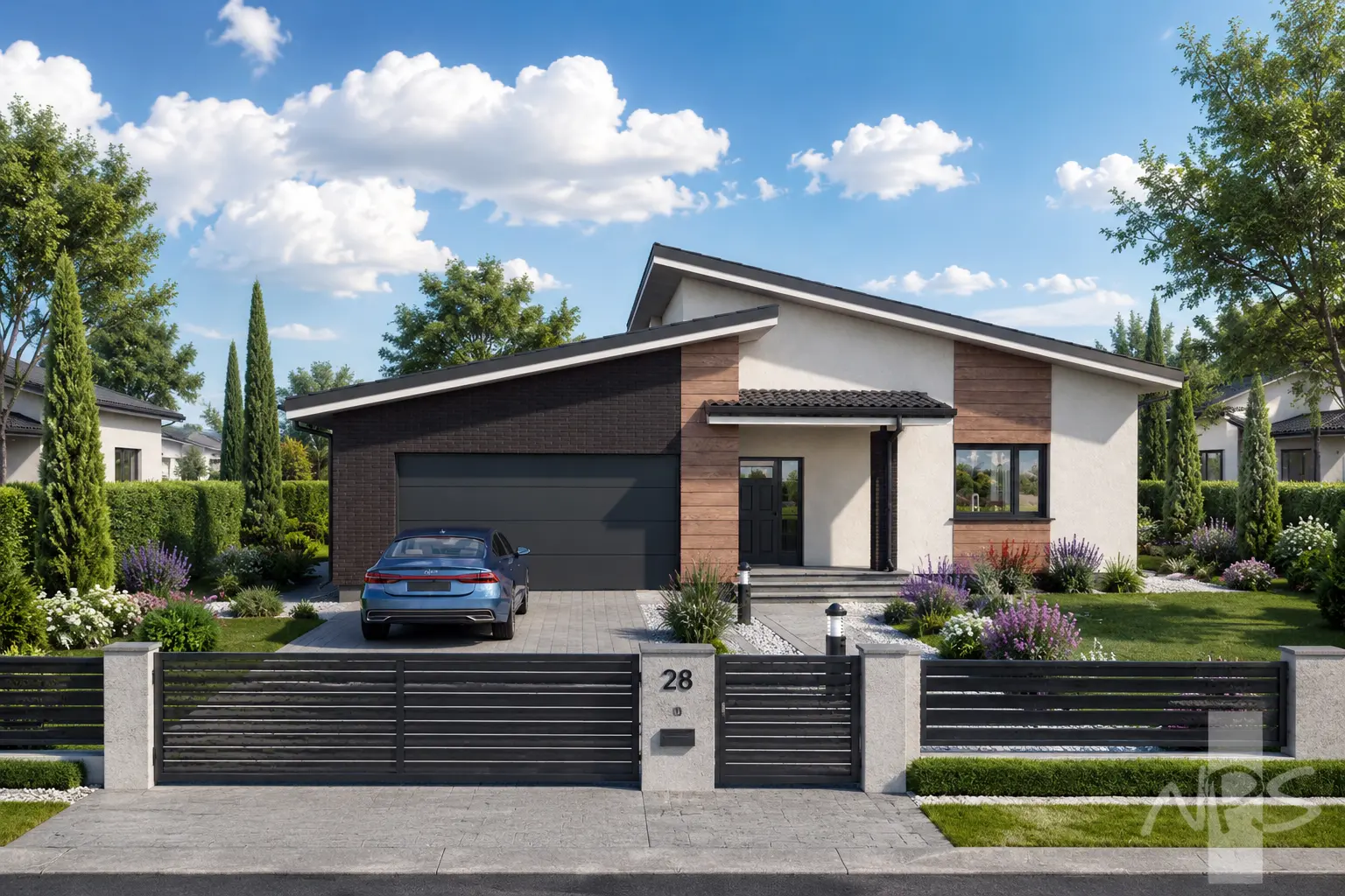 Vienstāva mājas projekts 161 m²: 3 Guļamistabas, 1 Vannasistabas, Atvērta virtuve, Garāža