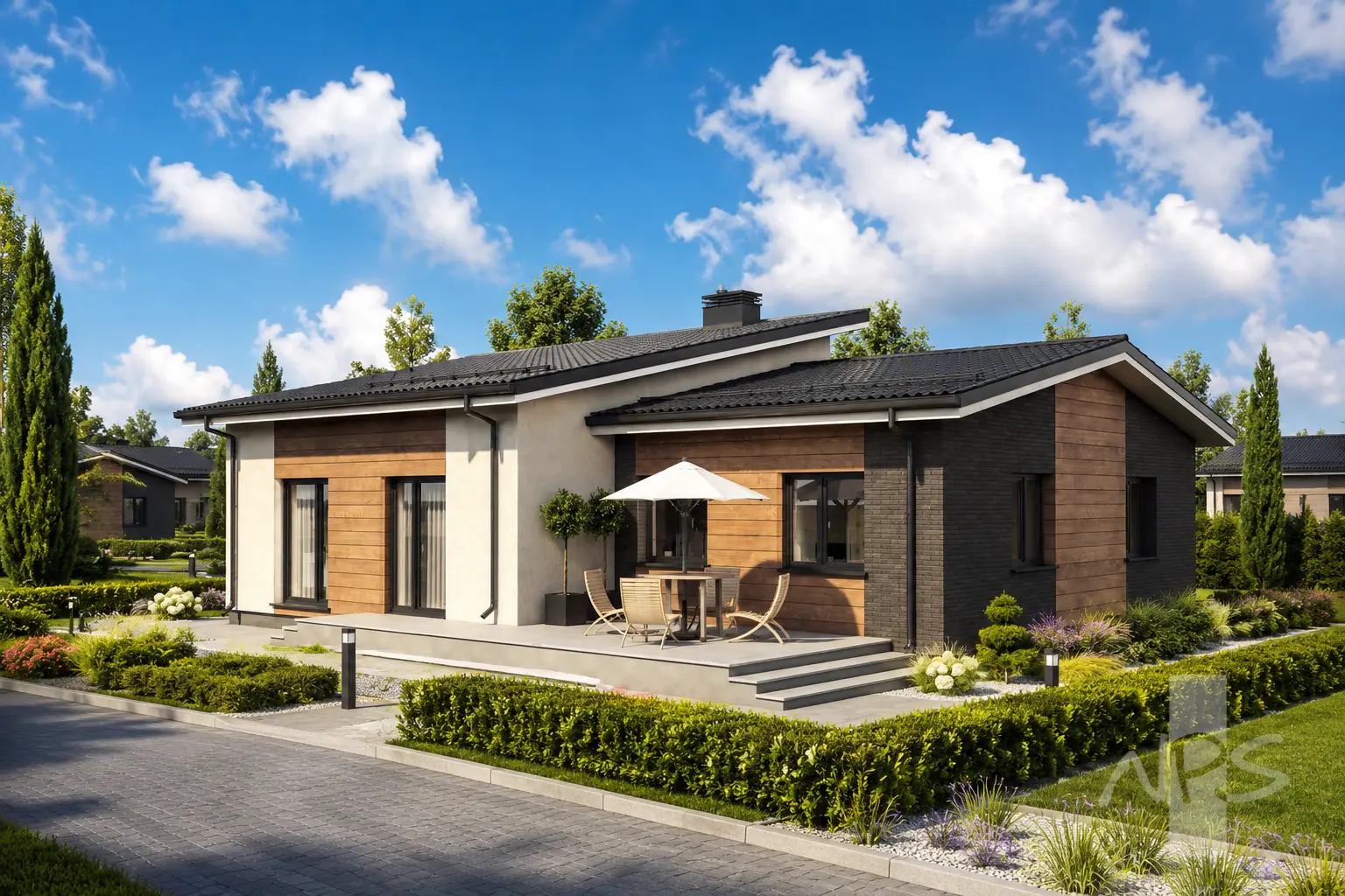 Vienstāva mājas projekts 161 m²: 3 Guļamistabas, 1 Vannasistabas, Atvērta virtuve, Garāža