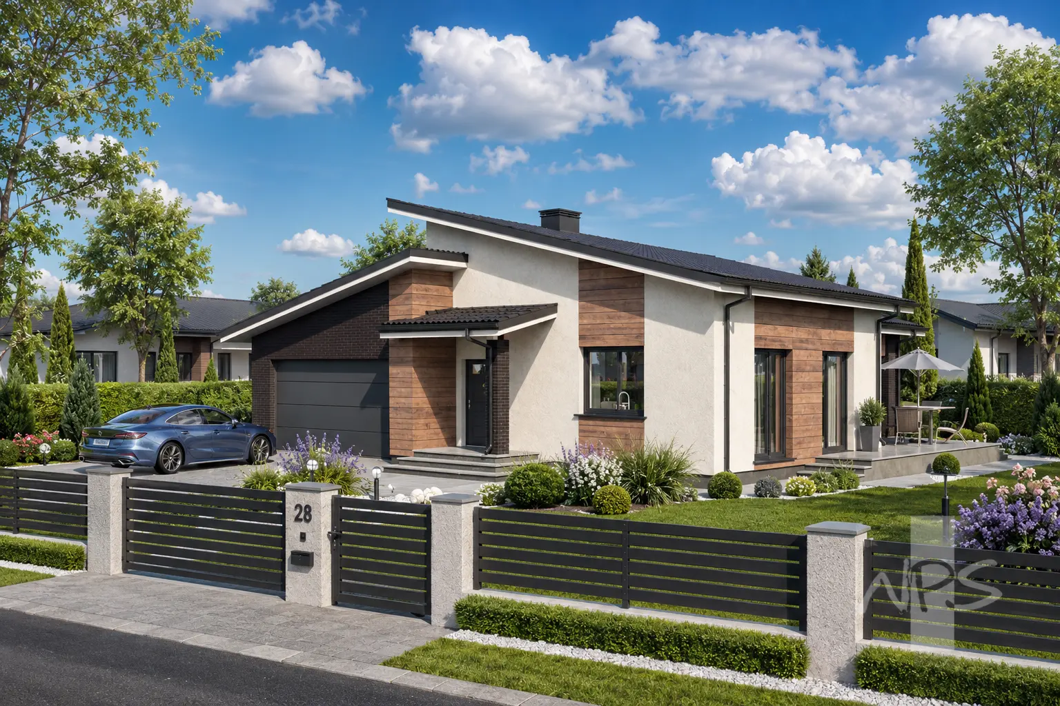 Vienstāva mājas projekts 161 m²: 3 Guļamistabas, 1 Vannasistabas, Atvērta virtuve, Garāža