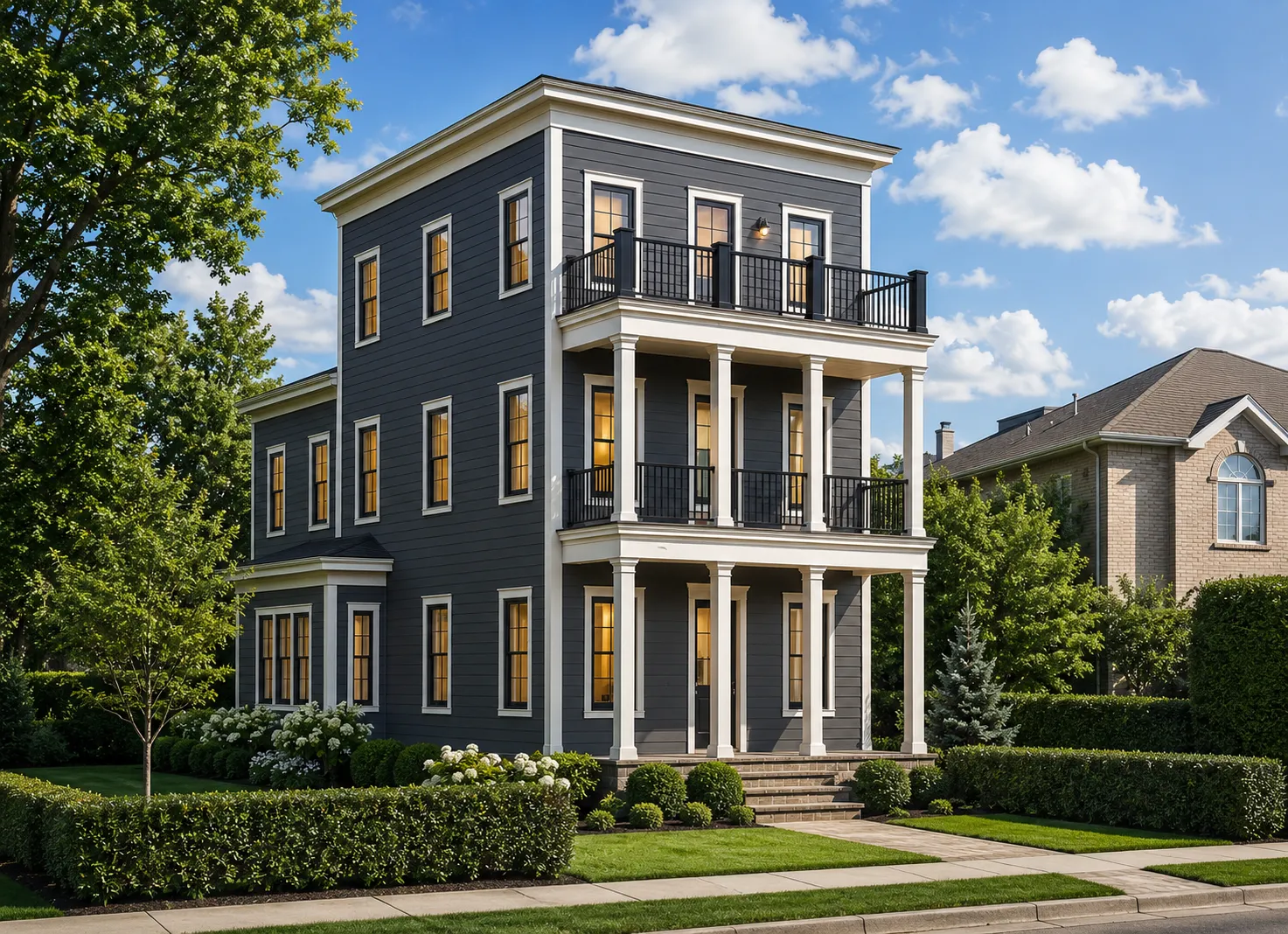 Trīsstāvu mājas projekts 414 m²: 5 Guļamistabas, 6 Vannasistabas, Atvērta virtuve, bez Garāžas