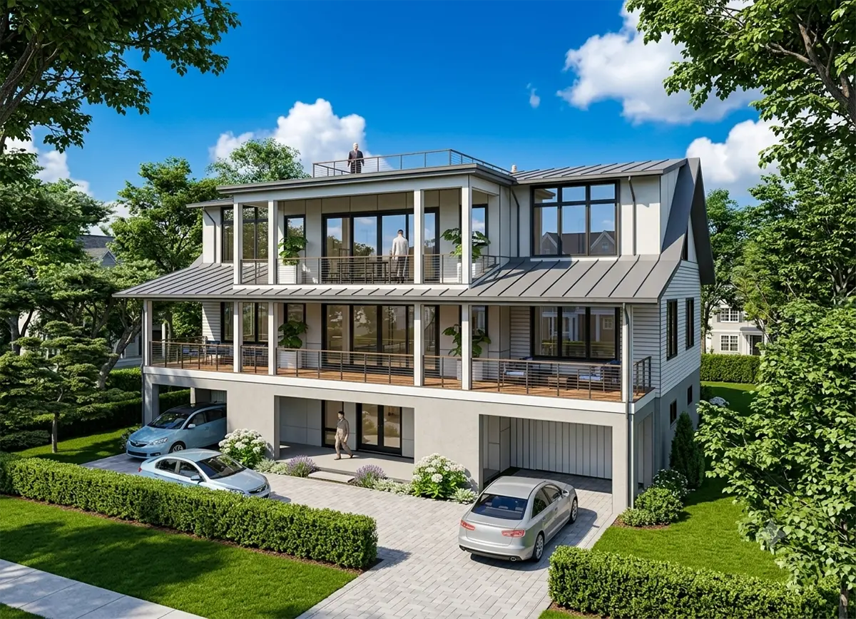 Trīsstāvu mājas projekts 319 m²: 4 Guļamistabas, Darba istaba, 5 Vannasistabas, Atvērta virtuve, Garāža