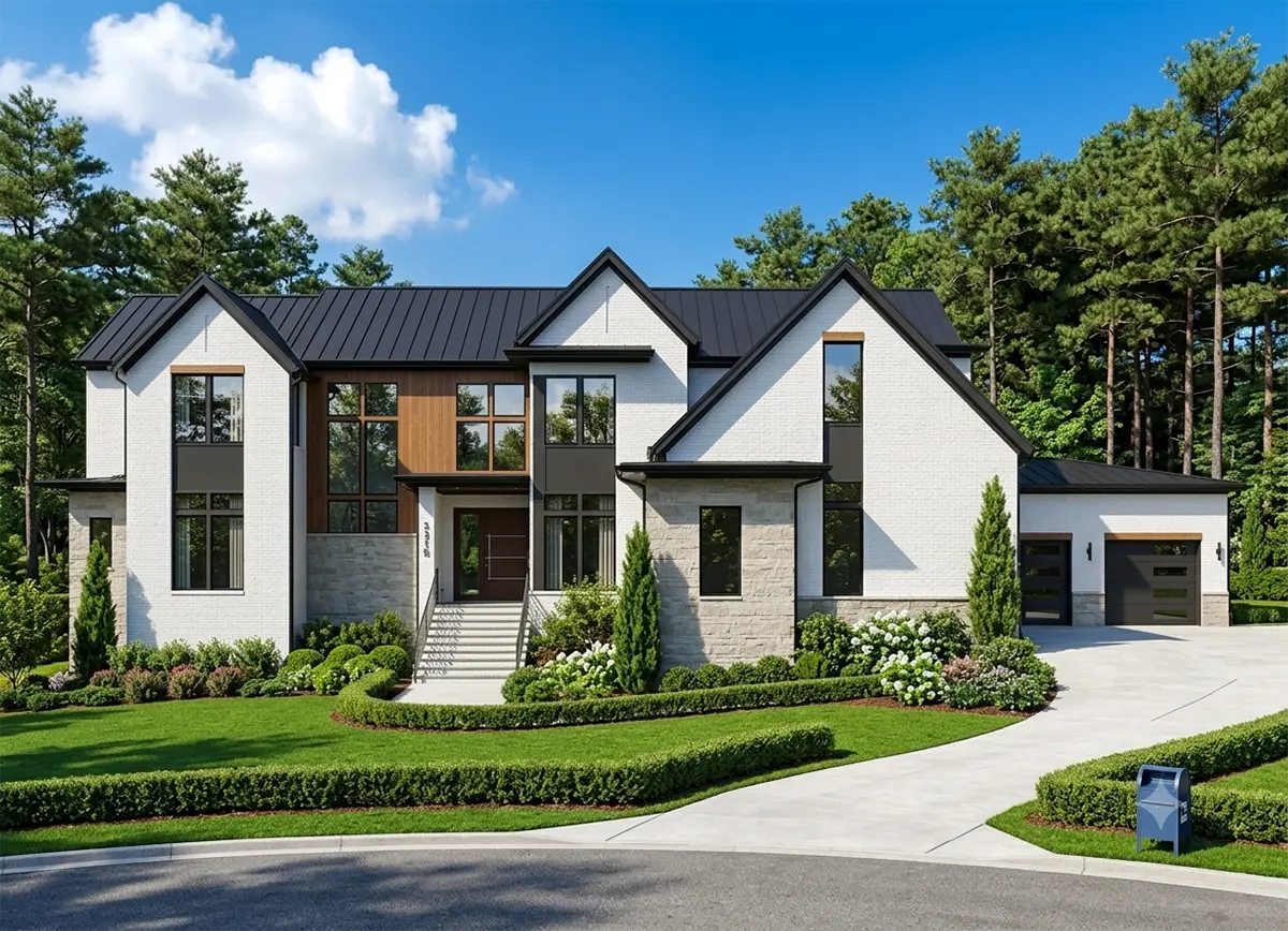 Divstāvu mājas projekts 582 m²: 4 Guļamistabas, Darba istaba, 6 Vannasistabas, Atvērta virtuve, Garāža