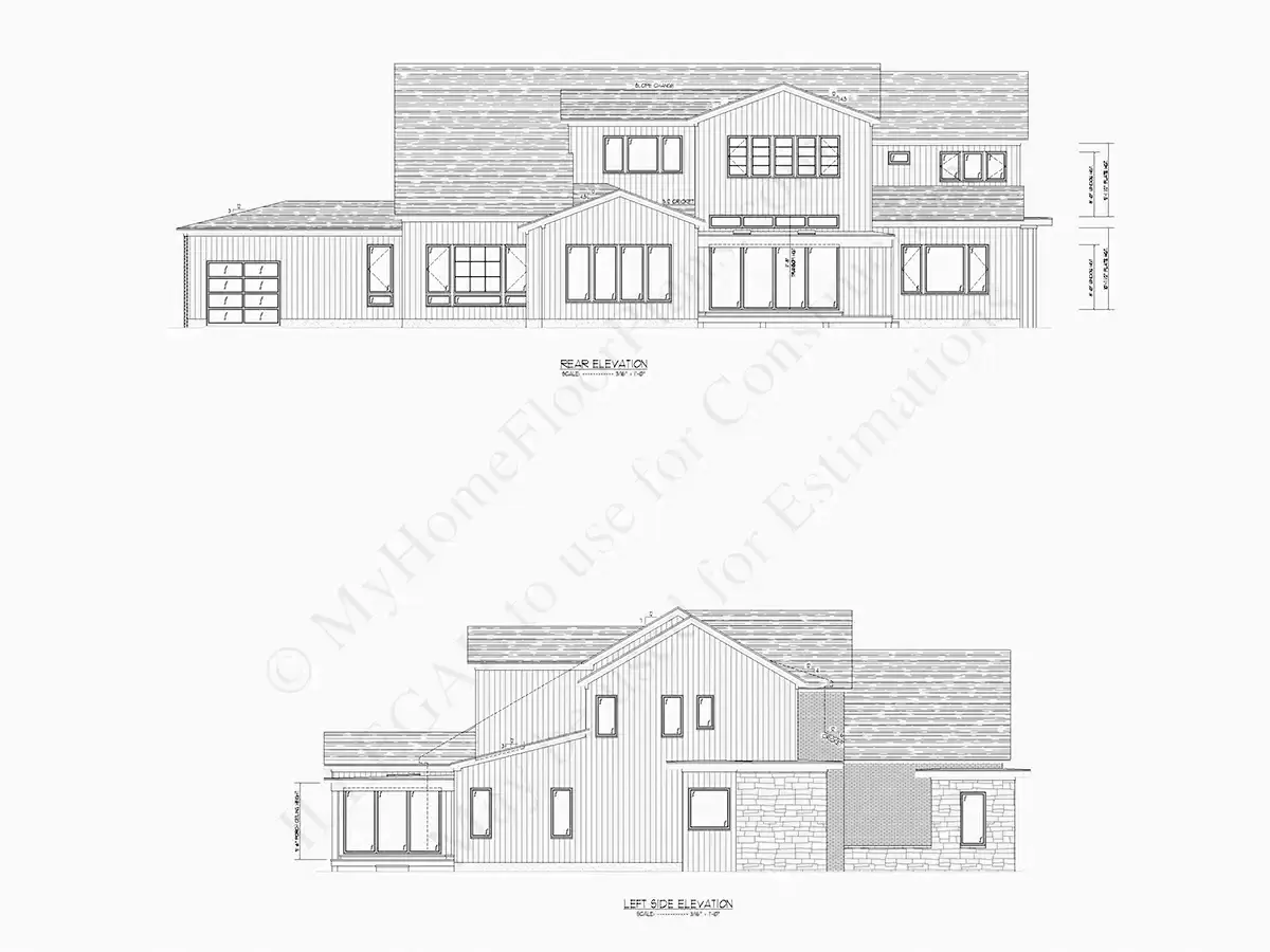 Divstāvu mājas projekts 582 m²: 4 Guļamistabas, Darba istaba, 6 Vannasistabas, Atvērta virtuve, Garāža