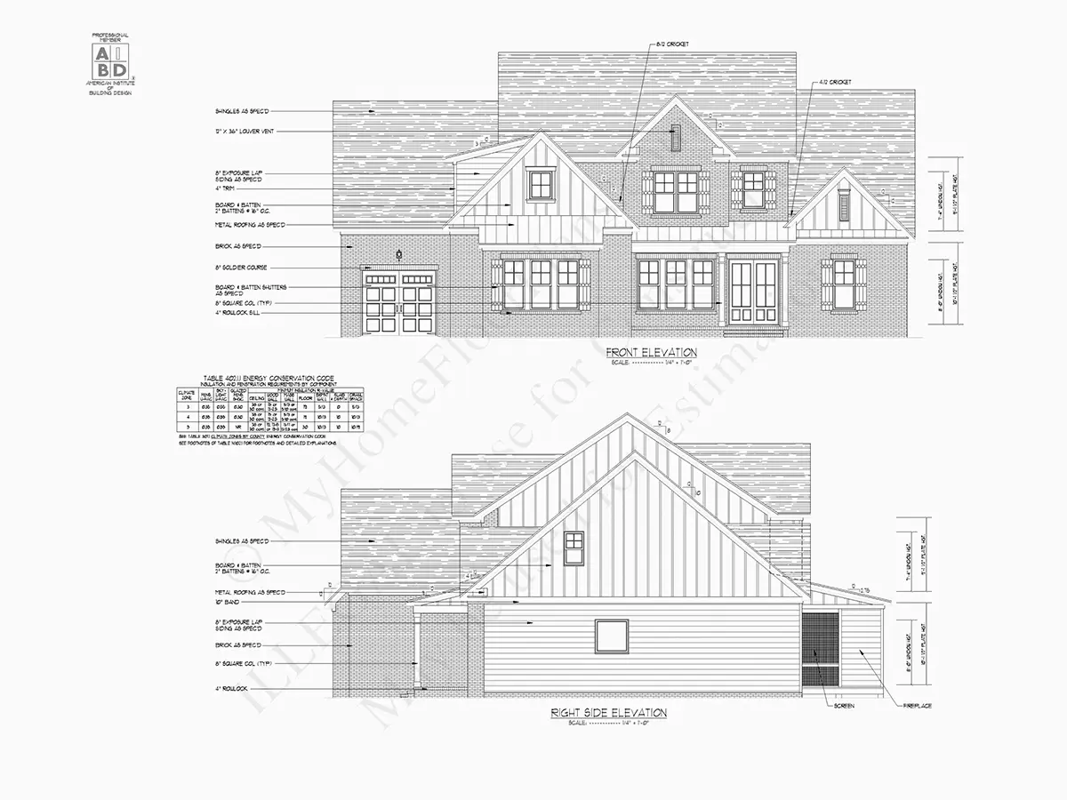 Fasādes 1 – Mājas projekts ar mansardu 413 m²: 4 Guļamistabas, Darba istaba, 4 Vannasistabas, Atvērta virtuve, Garāža — 46929R