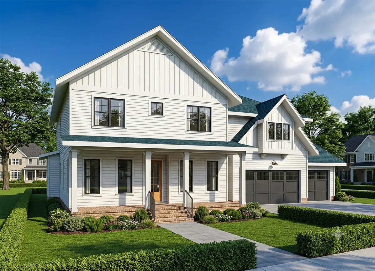 Divstāvu mājas projekts 445 m²: 4 Guļamistabas, Darba istaba, 5 Vannasistabas, Atvērta virtuve, Garāža