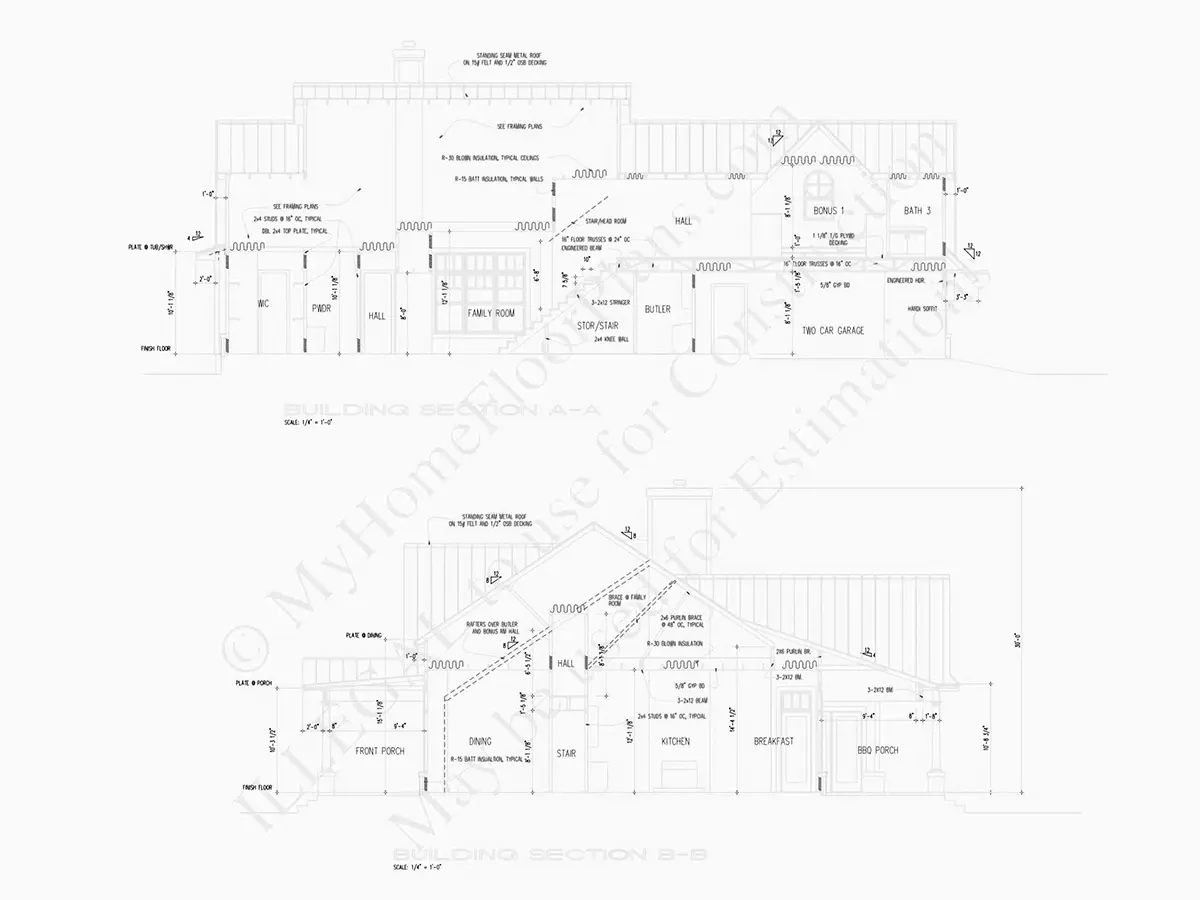 Mājas projekts ar mansardu 272 m²: 2 Guļamistabas, Darba istaba, 4 Vannasistabas, Atvērta virtuve, Garāža