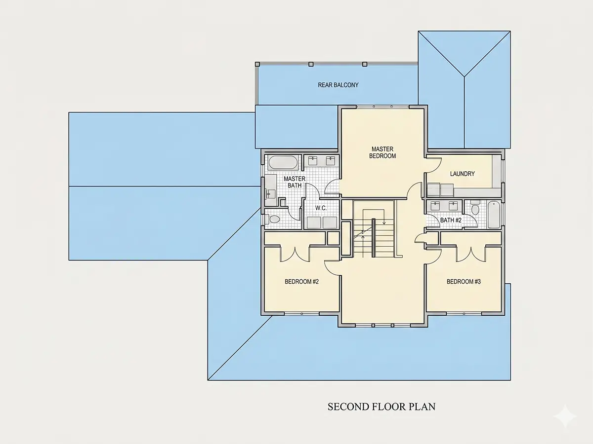 2. stāvs 9 – Divstāvu mājas projekts 255 m²: 4 Guļamistabas, 4 Vannasistabas, Atvērta virtuve, Garāža — 39790R