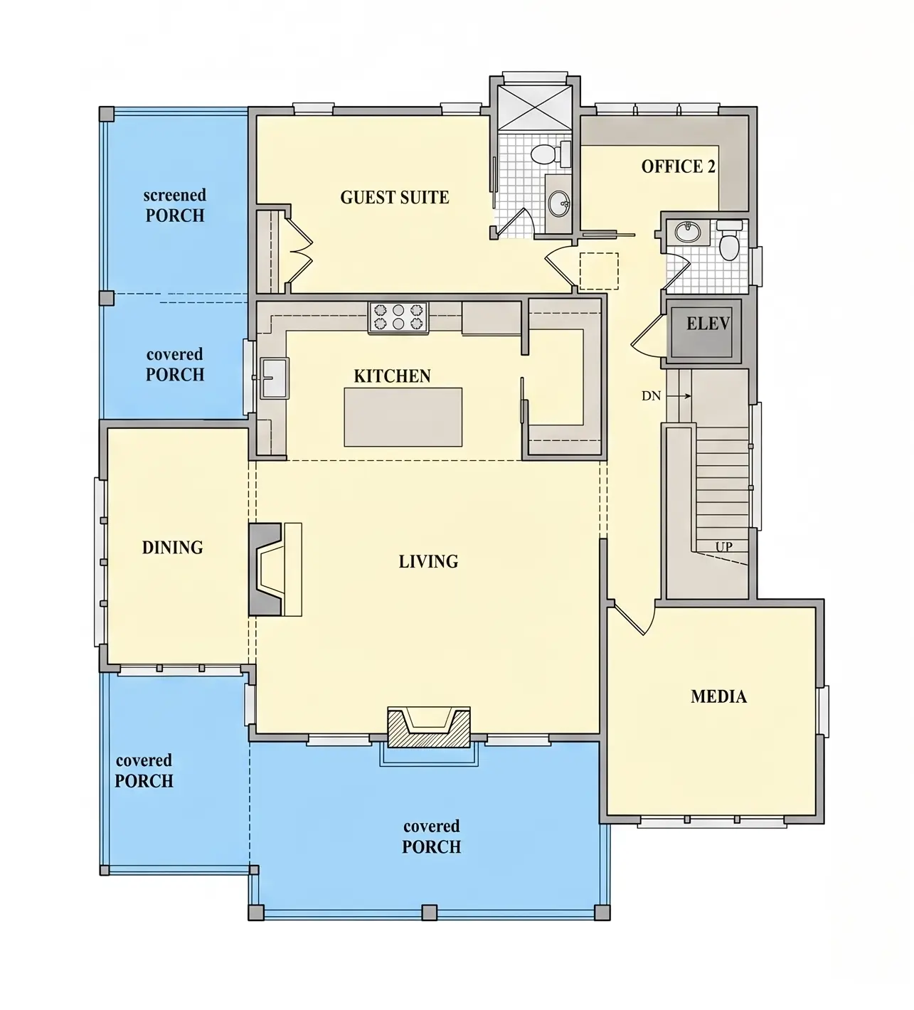 1. stāvs 11 – Trīsstāvu mājas projekts 333 m²: 4 Guļamistabas, Darba istaba, 5 Vannasistabas, Atvērta virtuve, Garāža — 80886R