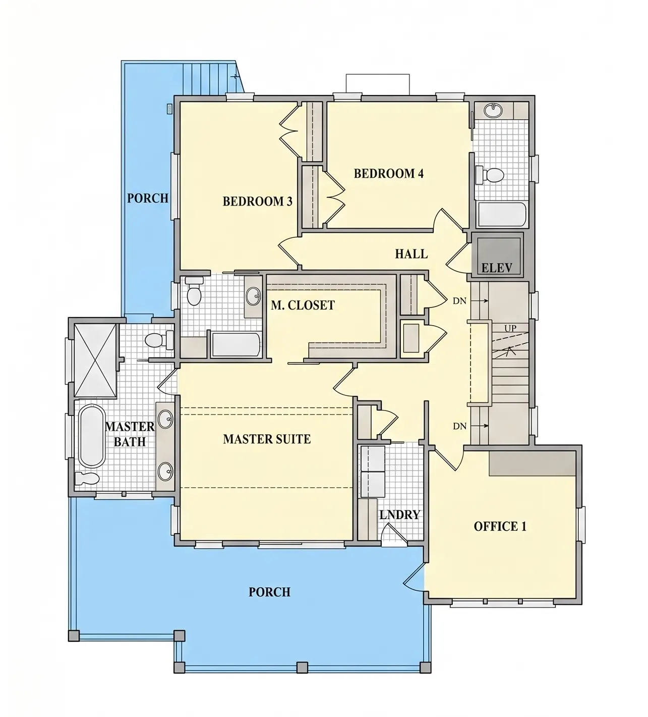 2. stāvs 12 – Trīsstāvu mājas projekts 333 m²: 4 Guļamistabas, Darba istaba, 5 Vannasistabas, Atvērta virtuve, Garāža — 80886R