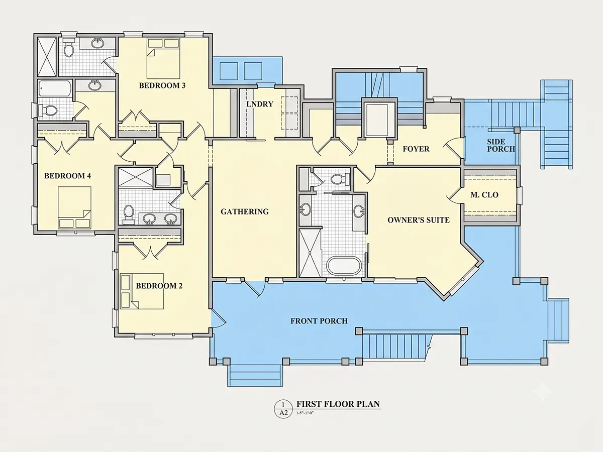 1. stāvs 23 – Trīsstāvu mājas projekts 275 m²: 4 Guļamistabas, 6 Vannasistabas, Atvērta virtuve, Garāža — 74147R