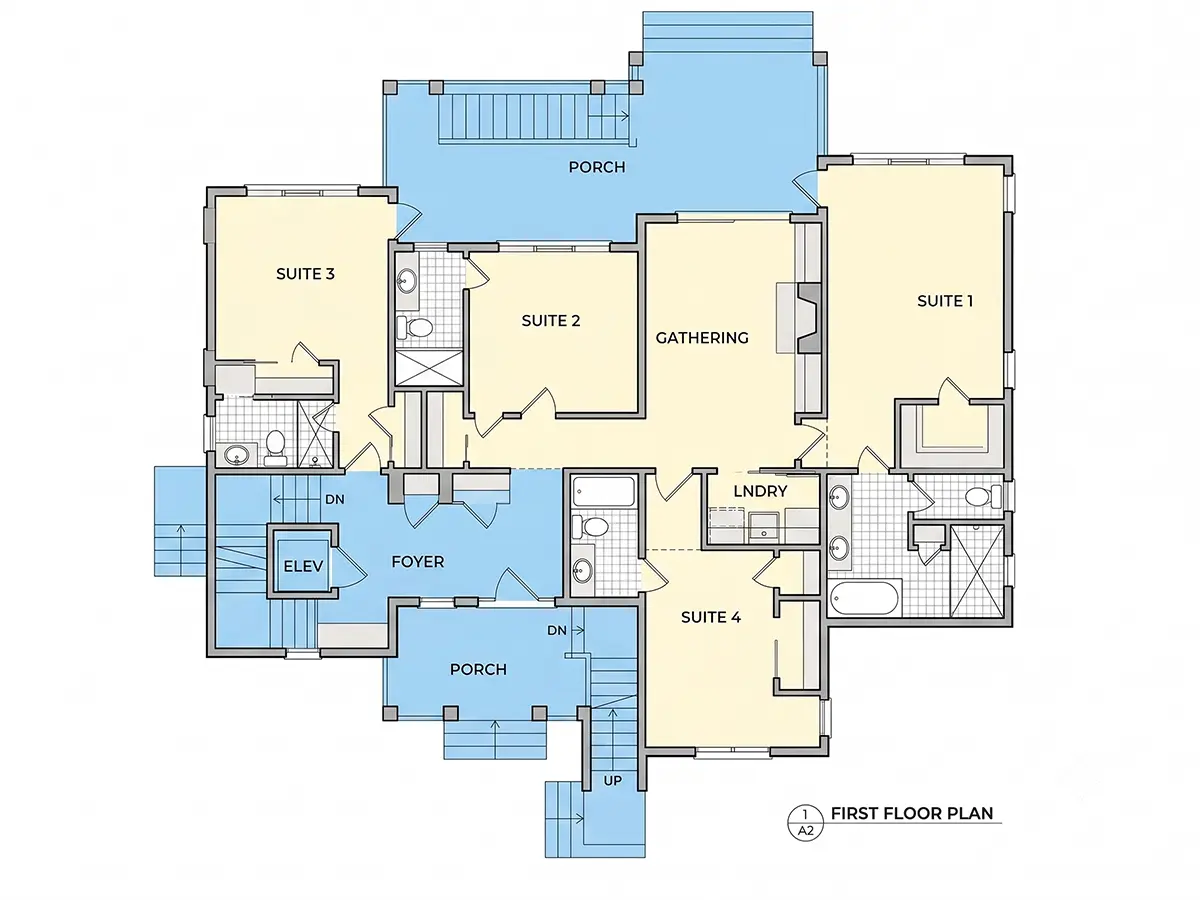 1. stāvs 12 – Trīsstāvu mājas projekts 285 m²: 4 Guļamistabas, 5 Vannasistabas, Atvērta virtuve, Garāža — 89056R
