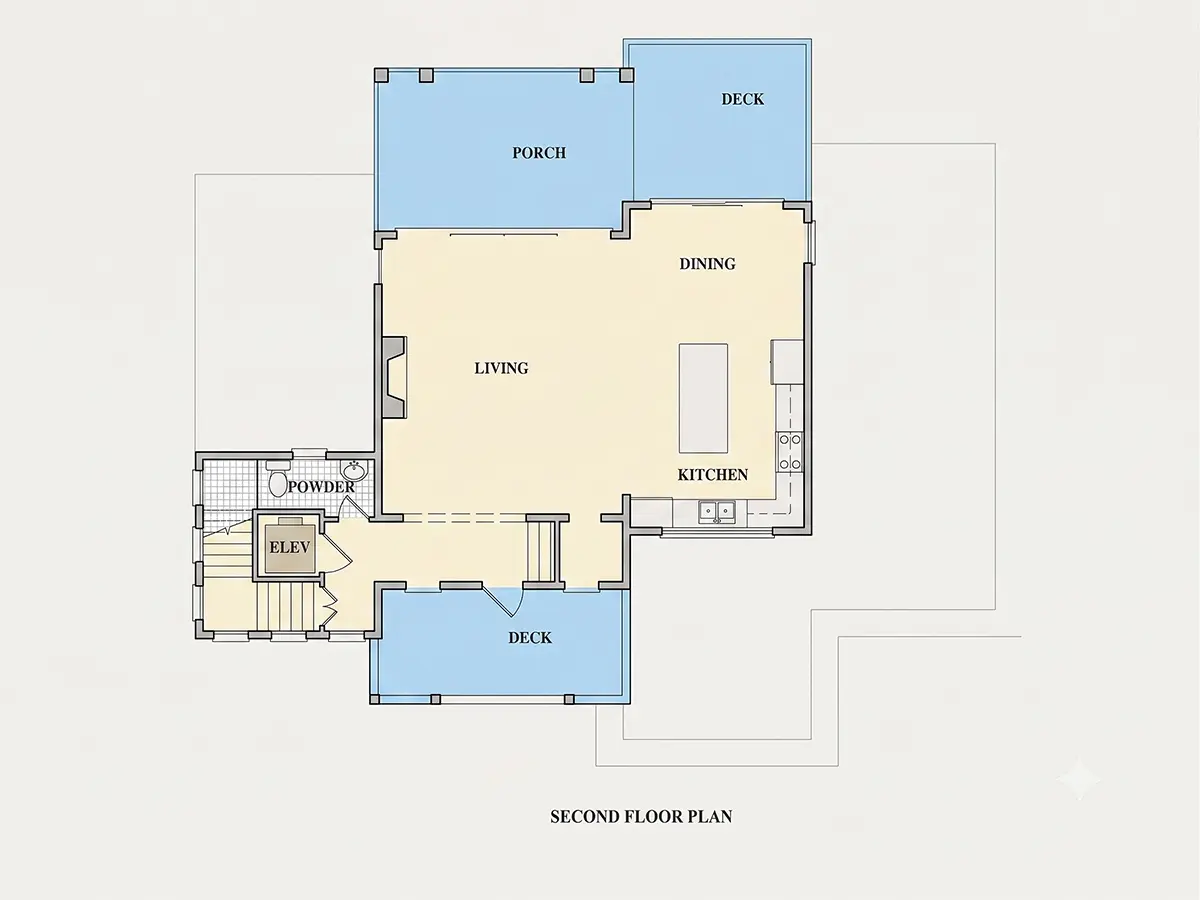 2. stāvs 13 – Trīsstāvu mājas projekts 285 m²: 4 Guļamistabas, 5 Vannasistabas, Atvērta virtuve, Garāža — 89056R