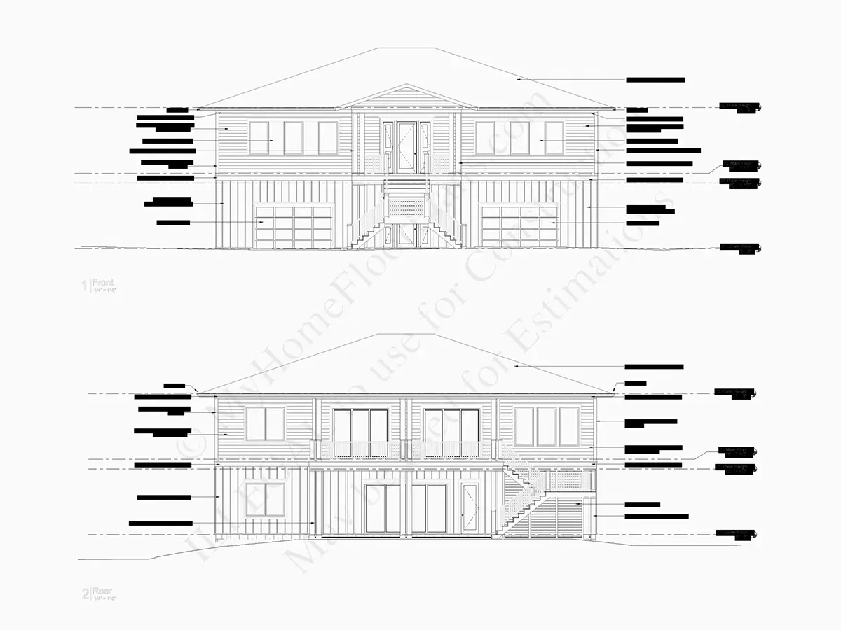 Fasādes 5 – Divstāvu mājas projekts 372 m²: 4 Guļamistabas, Darba istaba, 6 Vannasistabas, Atvērta virtuve, Garāža — 40189R