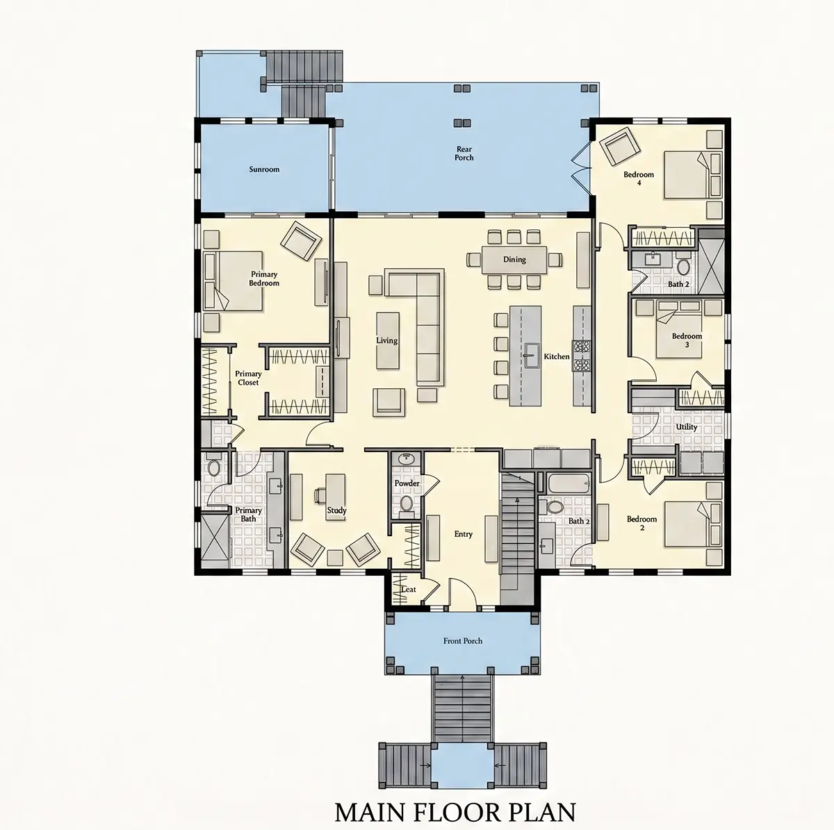 1. stāvs 7 – Divstāvu mājas projekts 372 m²: 4 Guļamistabas, Darba istaba, 6 Vannasistabas, Atvērta virtuve, Garāža — 40189R