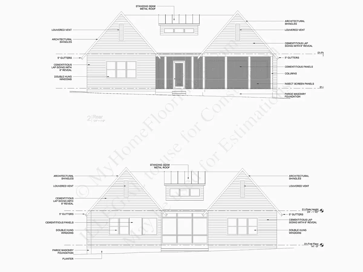 Fasādes 9 – Vienstāva mājas projekts 201 m²: 3 Guļamistabas, Darba istaba, 2 Vannasistabas, Atvērta virtuve, Garāža — 83353R
