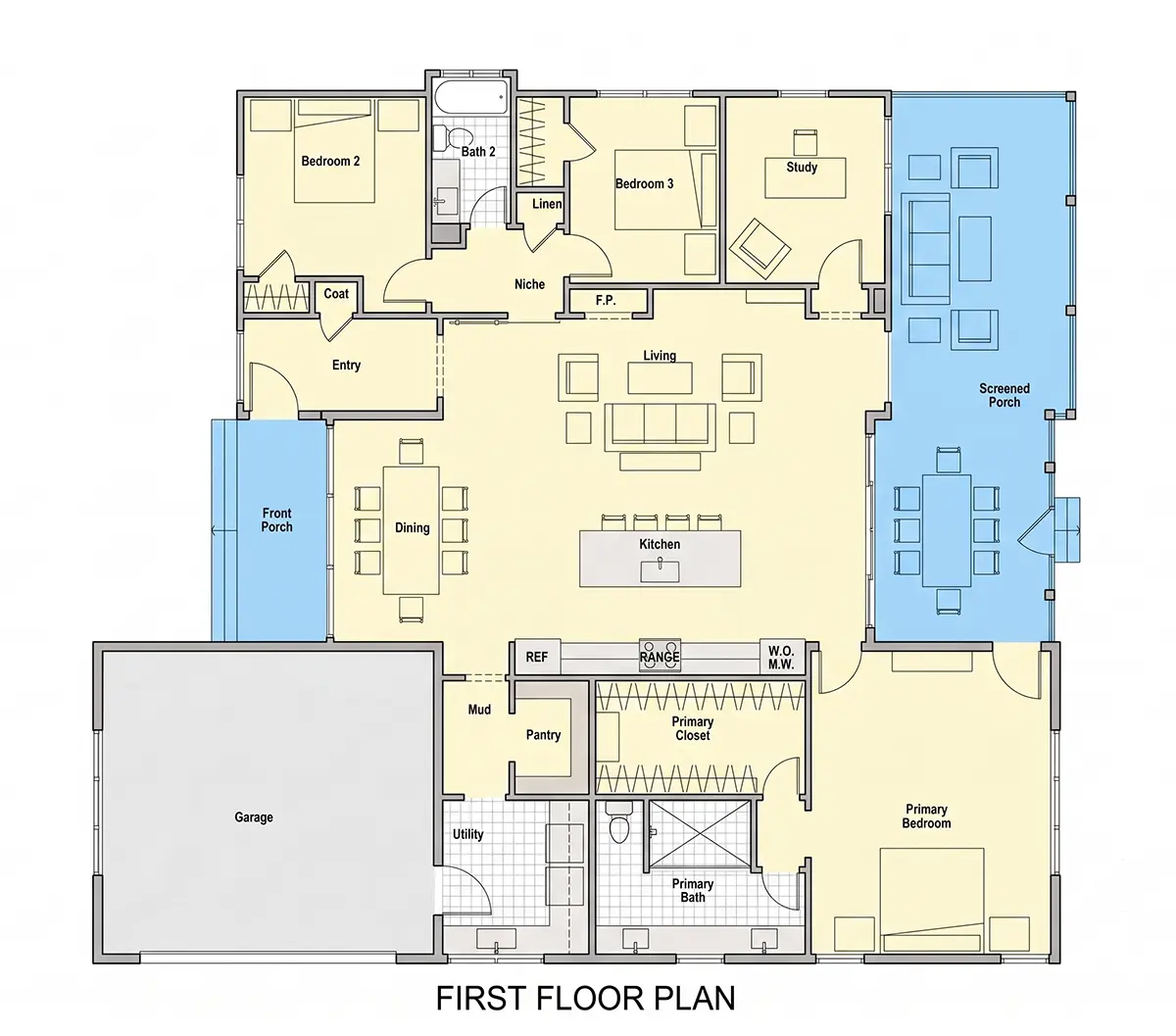 1. stāvs 11 – Vienstāva mājas projekts 201 m²: 3 Guļamistabas, Darba istaba, 2 Vannasistabas, Atvērta virtuve, Garāža — 83353R