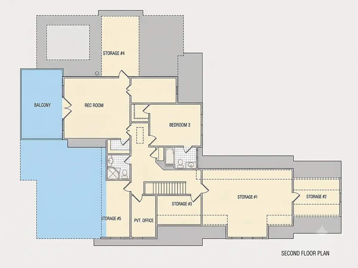 2. stāvs 28 – Mājas projekts ar mansardu 403 m²: 3 Guļamistabas, Darba istaba, 5 Vannasistabas, Atvērta virtuve, Garāža — 40137R