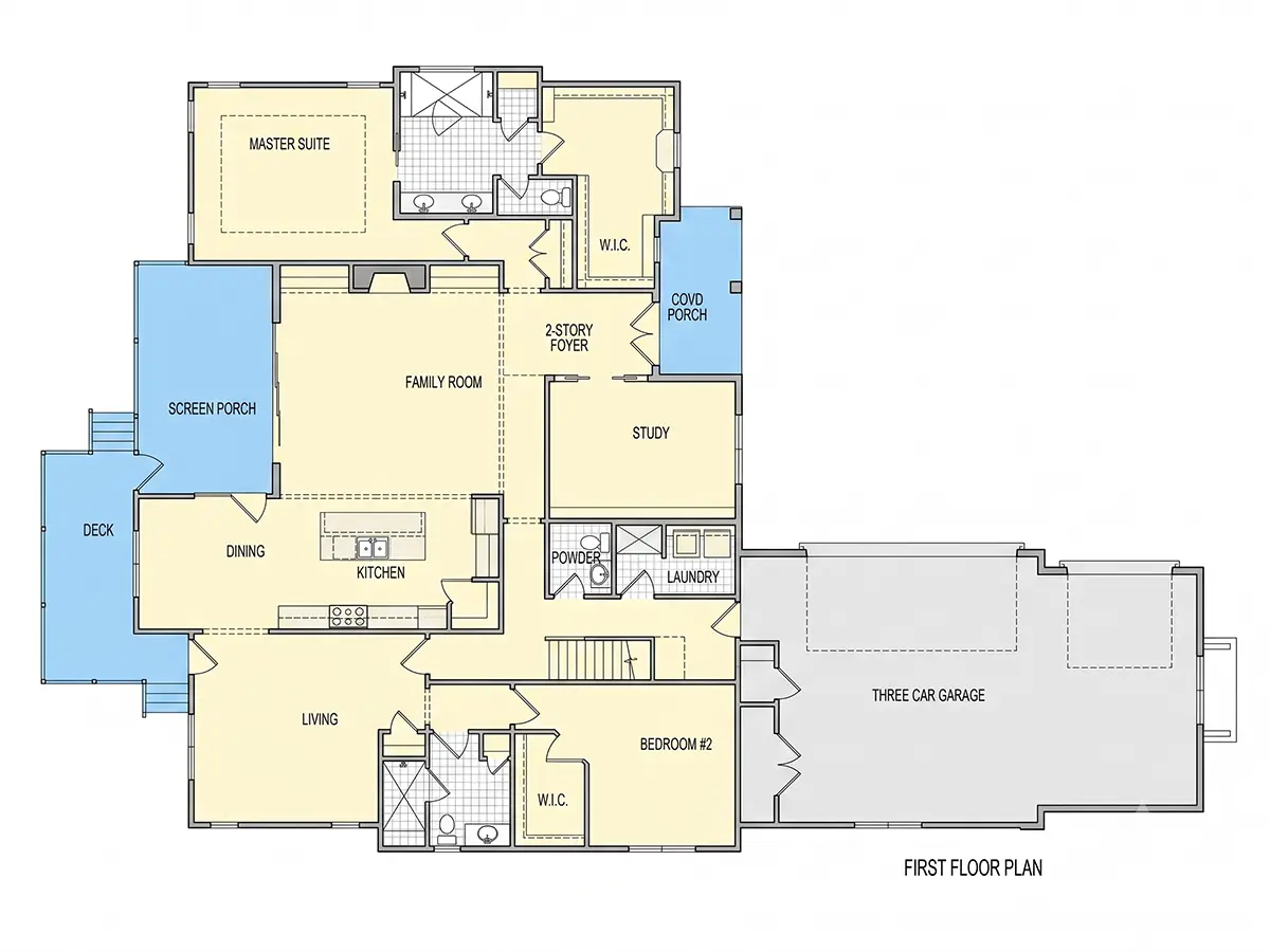 1. stāvs 27 – Mājas projekts ar mansardu 403 m²: 3 Guļamistabas, Darba istaba, 5 Vannasistabas, Atvērta virtuve, Garāža — 40137R