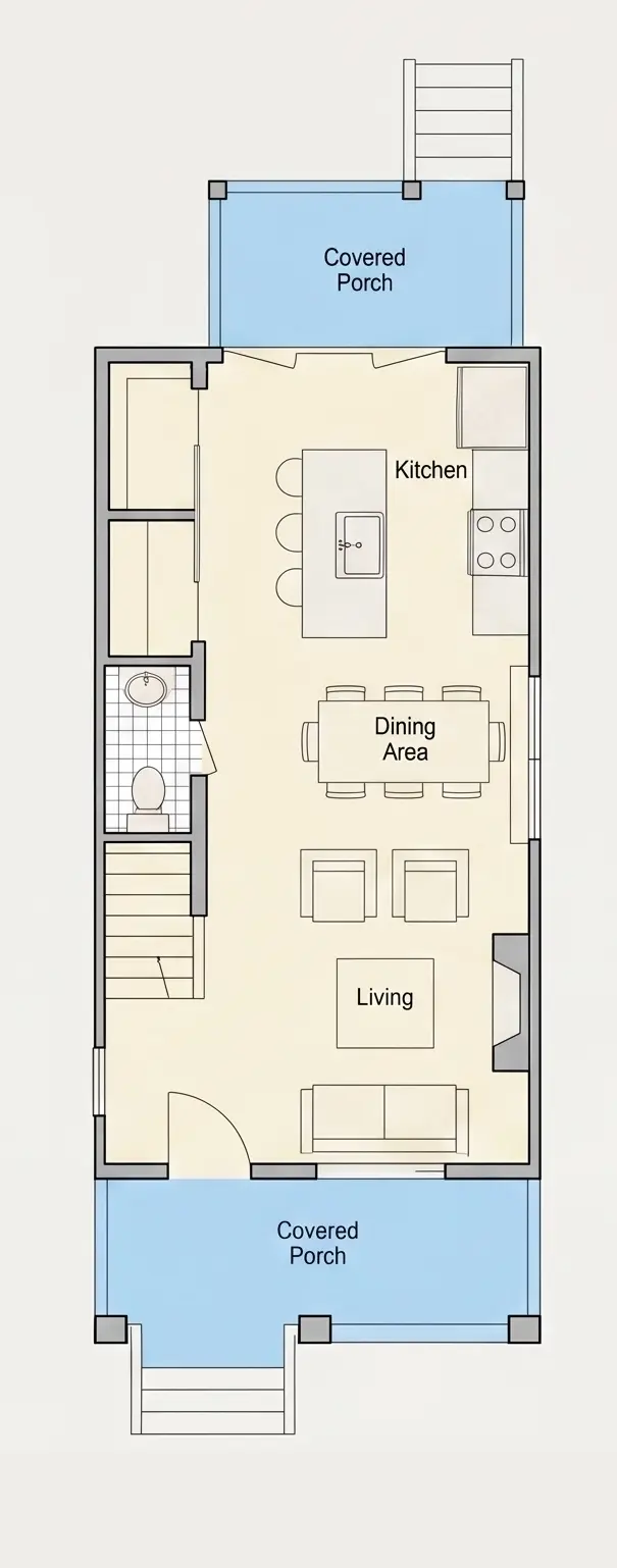 1. stāvs 6 – Trīsstāvu mājas projekts 117 m²: 2 Guļamistabas, 4 Vannasistabas, Atvērta virtuve, bez Garāžas — 15659R