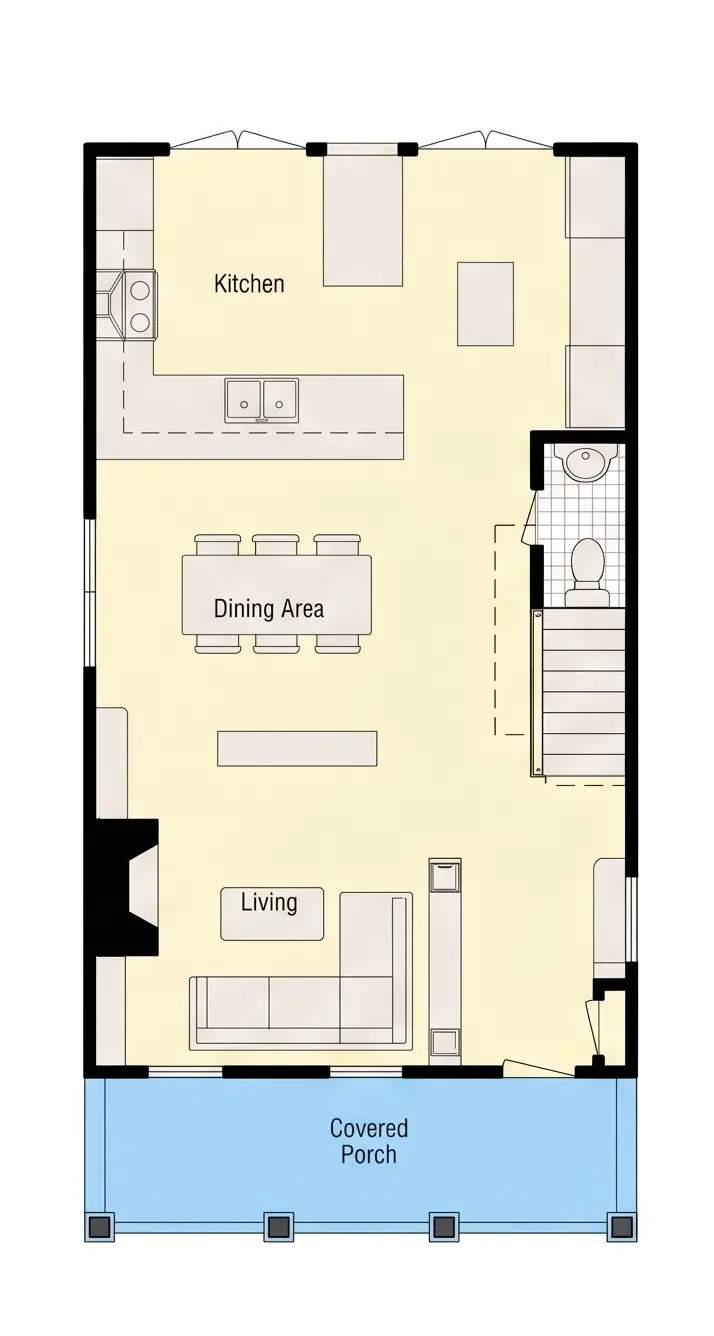 1. stāvs 8 – Trīsstāvu mājas projekts 211 m²: 3 Guļamistabas, Darba istaba, 3 Vannasistabas, Atvērta virtuve, bez Garāžas — 40783R