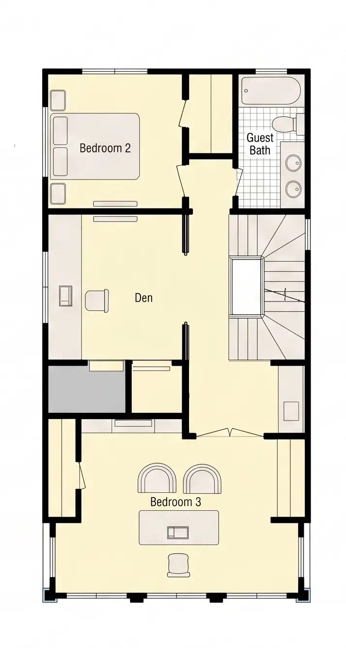 3. stāvs 10 – Trīsstāvu mājas projekts 211 m²: 3 Guļamistabas, Darba istaba, 3 Vannasistabas, Atvērta virtuve, bez Garāžas — 40783R